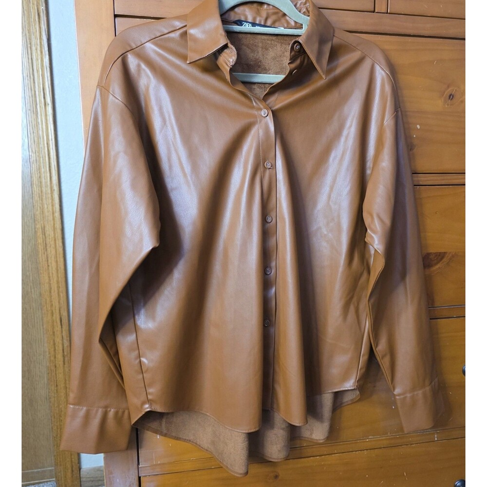 Zara Faux Leather Button Up Shirt Size Medium Brown Lined Dressy Preppy